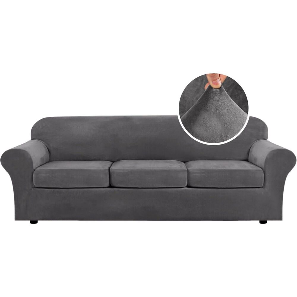 4 Piece Velvet Sofa Slipcover (for 3 Cushion Large Sofa Up to 97 Inch, Grey)